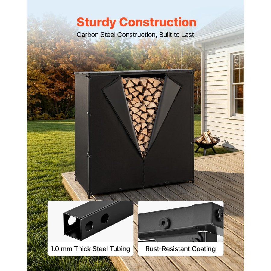 VEVOR Firewood Rack with Waterproof Cover 1855 mm Outdoor Wood Storage, for Fireplace Patio Deck, 730 kg Load, 3/8 Cord Heavy Duty Fire Log Holder Stacker Stand, Metal Wood Pile Organizer, Black