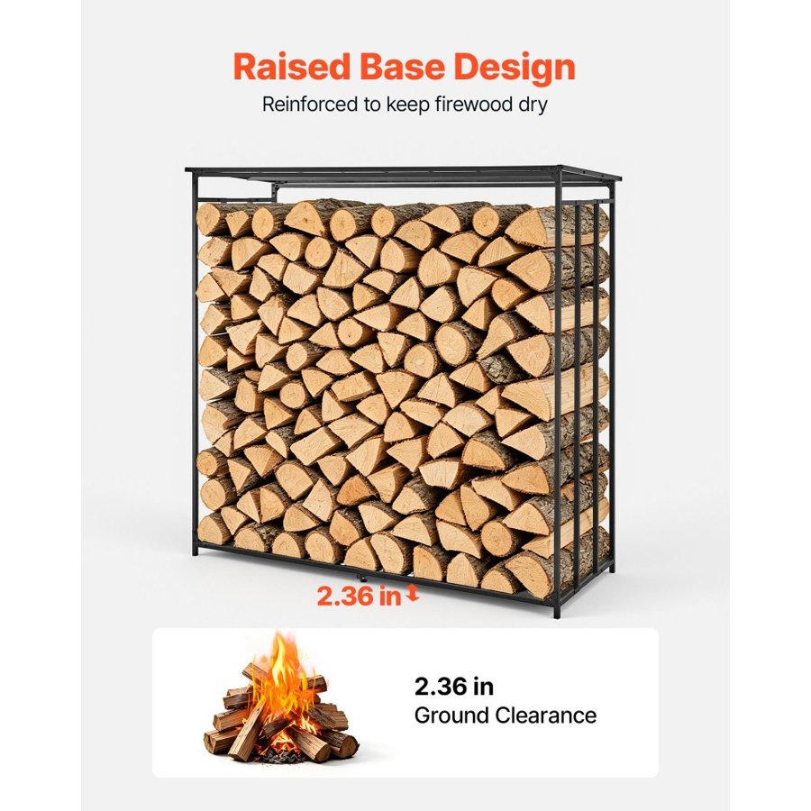 VEVOR Firewood Rack with Waterproof Cover 1855 mm Outdoor Wood Storage, for Fireplace Patio Deck, 730 kg Load, 3/8 Cord Heavy Duty Fire Log Holder Stacker Stand, Metal Wood Pile Organizer, Black
