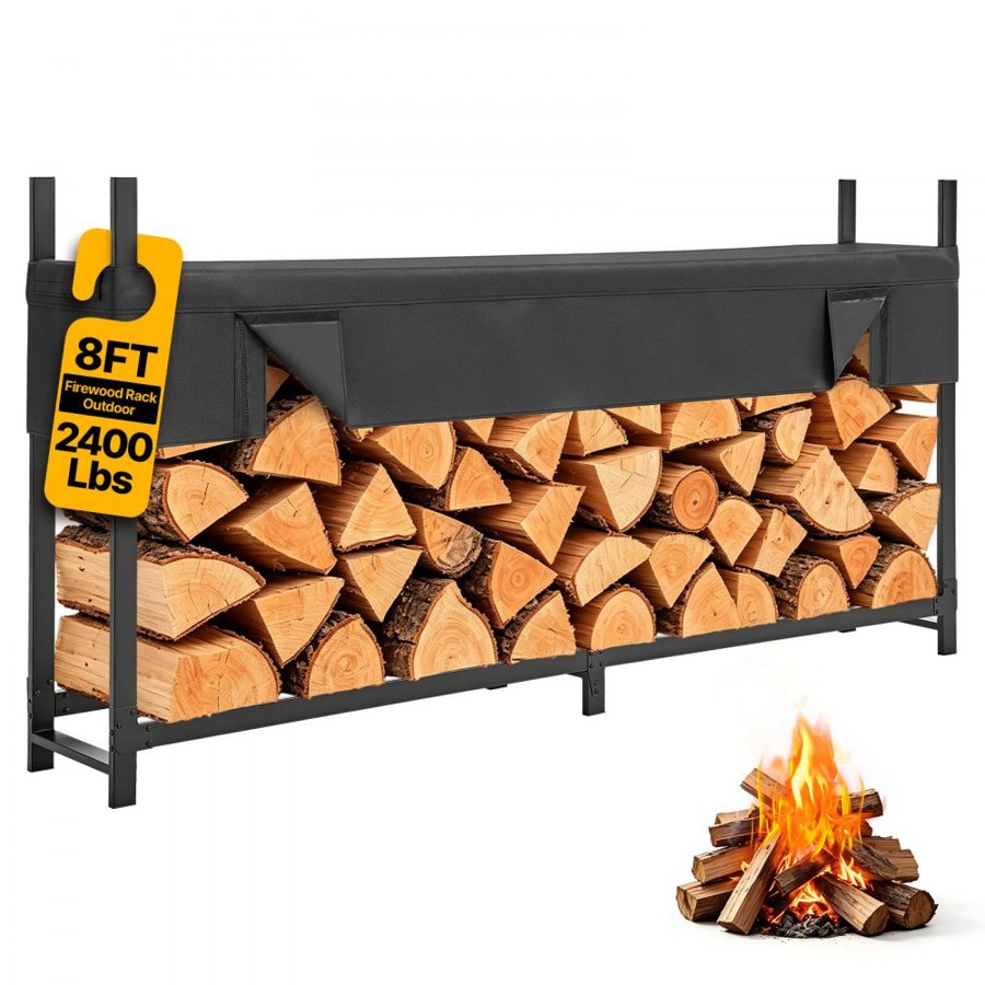 VEVOR Firewood Rack with Waterproof Cover 2440 mm Outdoor Wood Storage, for Fireplace Patio Deck, 1100 kg Load, 1/2 Cord Heavy Duty Fire Log Holder Stacker Stand, Metal Wood Pile Organizer, Black