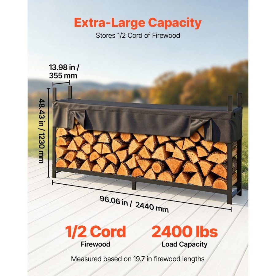 VEVOR Firewood Rack with Waterproof Cover 2440 mm Outdoor Wood Storage, for Fireplace Patio Deck, 1100 kg Load, 1/2 Cord Heavy Duty Fire Log Holder Stacker Stand, Metal Wood Pile Organizer, Black