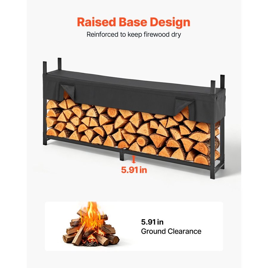 VEVOR Firewood Rack with Waterproof Cover 2440 mm Outdoor Wood Storage, for Fireplace Patio Deck, 1100 kg Load, 1/2 Cord Heavy Duty Fire Log Holder Stacker Stand, Metal Wood Pile Organizer, Black