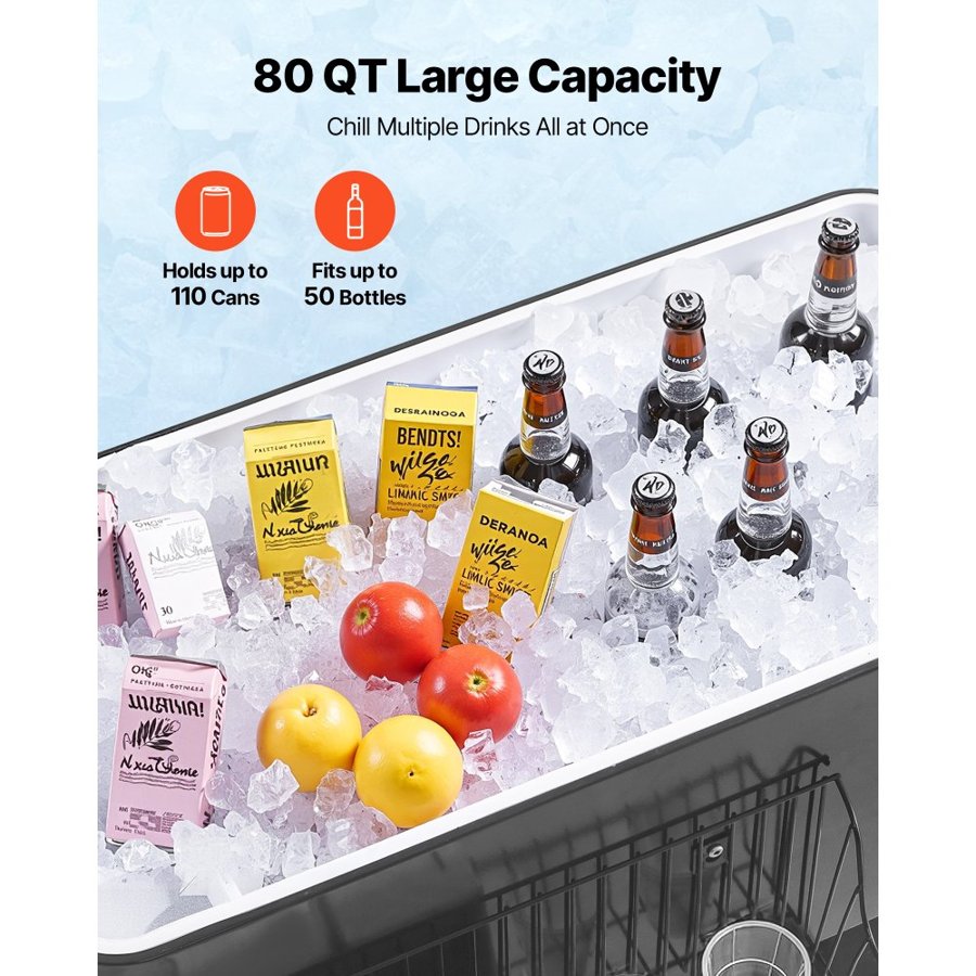 VEVOR 75.71 L Rolling Ice Chest, Holds up to 50 Bottles / 110 Cans, Portable Patio Party Bar Drink Cooler Cart with Bottom Shelf, Beverage Pool with Side Basket and Bottle Opener, Black