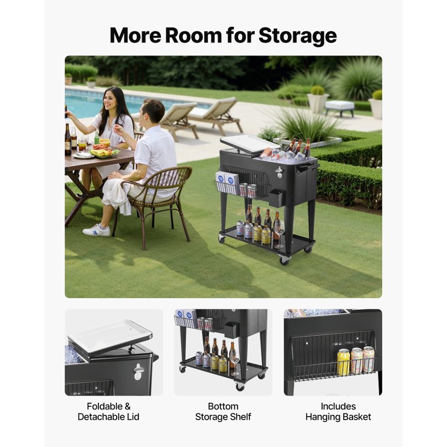 VEVOR 75.71 L Rolling Ice Chest, Holds up to 50 Bottles / 110 Cans, Portable Patio Party Bar Drink Cooler Cart with Bottom Shelf, Beverage Pool with Side Basket and Bottle Opener, Black