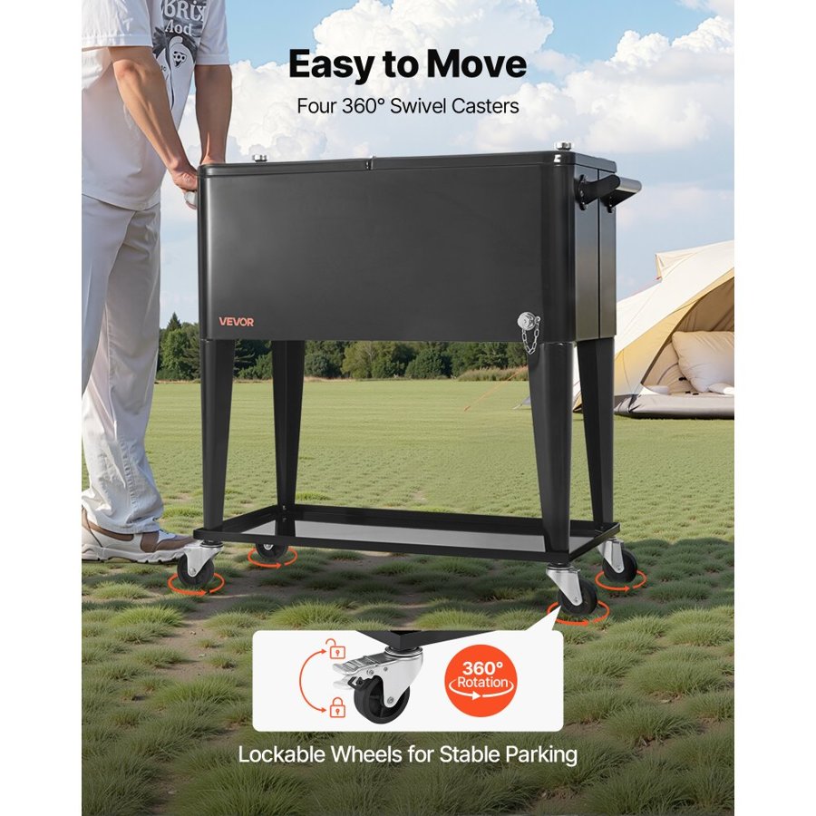 VEVOR 75.71 L Rolling Ice Chest, Holds up to 50 Bottles / 110 Cans, Portable Patio Party Bar Drink Cooler Cart with Bottom Shelf, Beverage Pool with Side Basket and Bottle Opener, Black