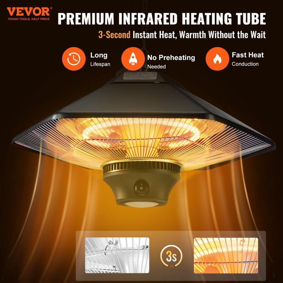 VEVOR Hanging Patio Heater, 2000W Remote Control Outdoor/Indoor Electric Space Infrared Heater, IP34 Protection Ceiling Heater w/ Pull Cord & Adjustable Chain, for Porch,Patio,Dining Room,Studio