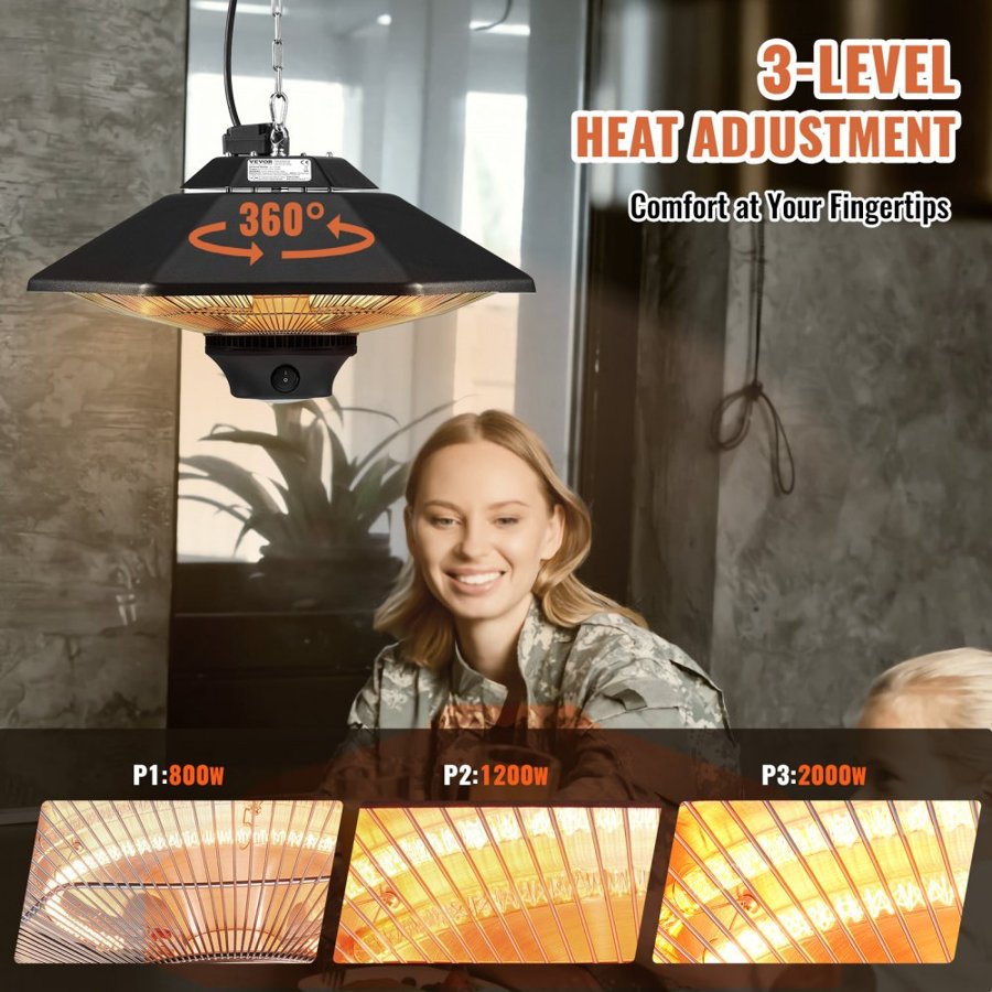 VEVOR Hanging Patio Heater, 2000W Remote Control Outdoor/Indoor Electric Space Infrared Heater, IP34 Protection Ceiling Heater w/ Pull Cord & Adjustable Chain, for Porch,Patio,Dining Room,Studio