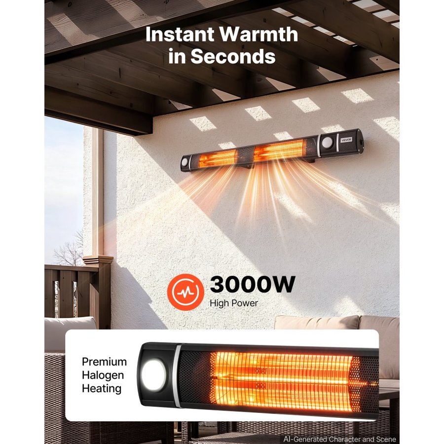 VEVOR Infrared Heater 3000W Electric Space Heater with WiFi Control Black, Remote & Mechanical Switch, 3 Heat Settings, Aluminum Alloy, IP55 Water-Resistant for Patios, Backyards, Balconies Outdoor