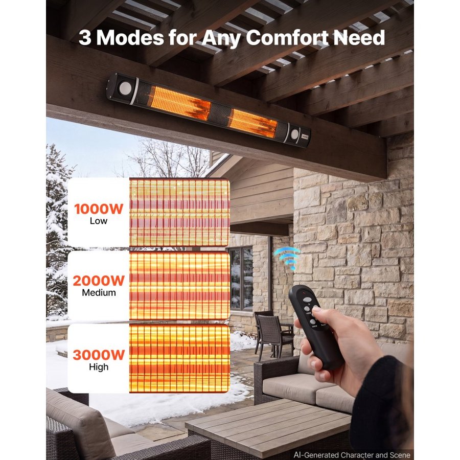 VEVOR Infrared Heater 3000W Electric Space Heater with WiFi Control Black, Remote & Mechanical Switch, 3 Heat Settings, Aluminum Alloy, IP55 Water-Resistant for Patios, Backyards, Balconies Outdoor
