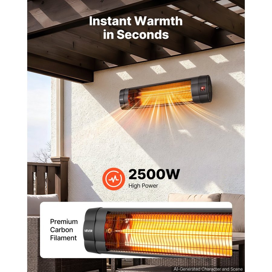 VEVOR Infrared Heater 2500W Electric Space Heater 3 Heat Settings Black, Remote & Panel Control, 24 Hours Timer, Premium PP Material, Even Warmth for Patios, Backyards, Balconies Outdoor Use