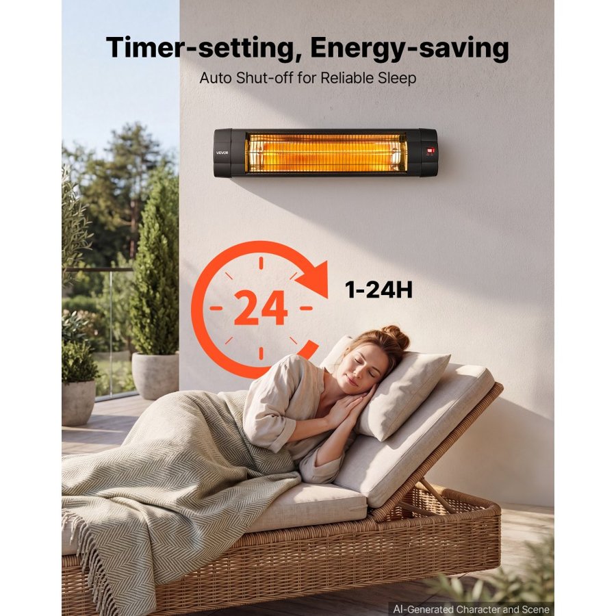 VEVOR Infrared Heater 2500W Electric Space Heater 3 Heat Settings Black, Remote & Panel Control, 24 Hours Timer, Premium PP Material, Even Warmth for Patios, Backyards, Balconies Outdoor Use