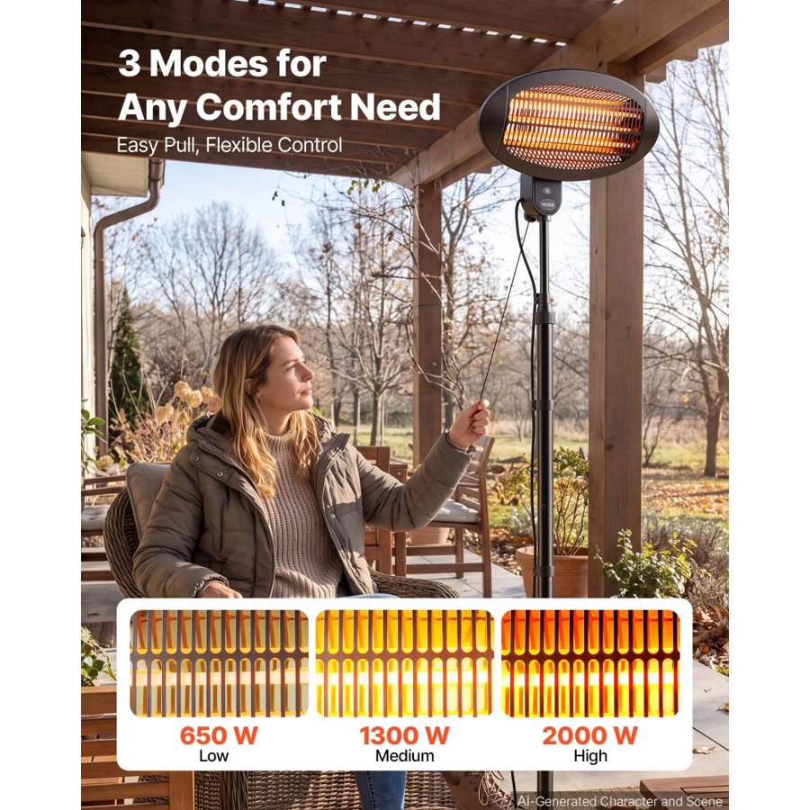 VEVOR Infrared Heater 2000W Electric Space Heater Pull-Chain Control Black, 3 Heat Settings, Premium Cold-Rolled Steel, Adjustable Height, Even Warmth for Patios, Backyards, Balconies Outdoor Use