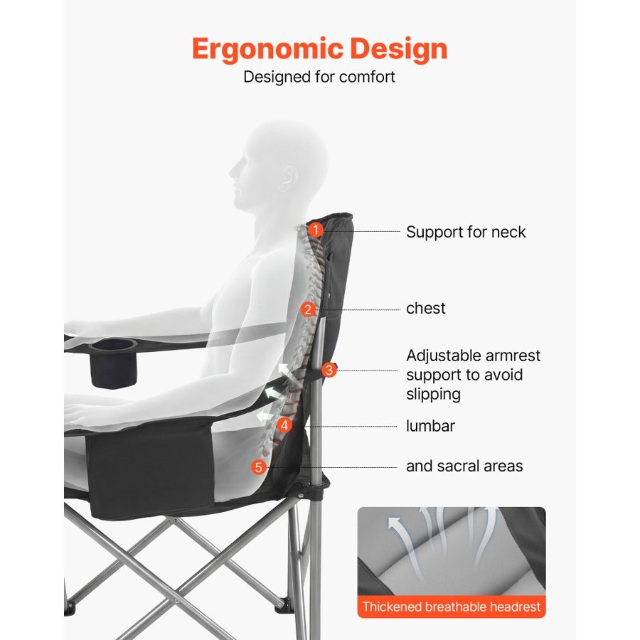 VEVOR Oversized Camping Chairs, 204 kg Heavy Duty Support, Portable Folding Camp Chairs with Padded Backrest & Armrests, Cup Holder & Side Pocket, Cooler Bag, Carry Bags for Outdoor, Fishing, 1 Pack