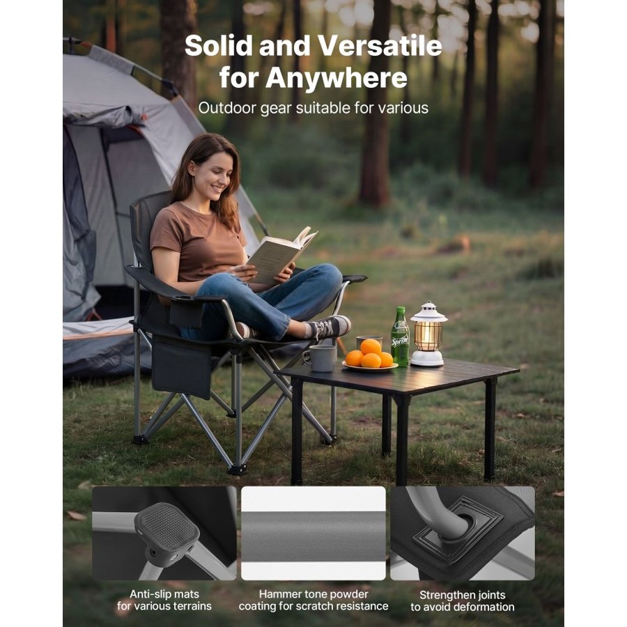 VEVOR Oversized Camping Chairs, 204 kg Heavy Duty Support, Portable Folding Camp Chairs with Padded Backrest & Armrests, Cup Holder & Side Pocket, Cooler Bag, Carry Bags for Outdoor, Fishing, 1 Pack