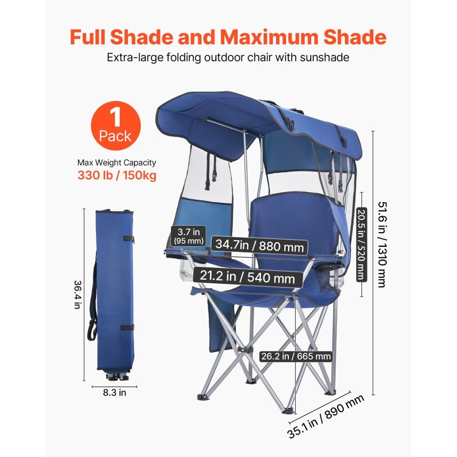 VEVOR Camping Chair with Canopy Shade, Folding Beach Chair with Canopy & Magazine Pocket, 2 Cup Holders, 330 lbs Heavy Duty Support, Carry Bags for Outdoor, Camp, Fishing, Tailgates, Deep Blue