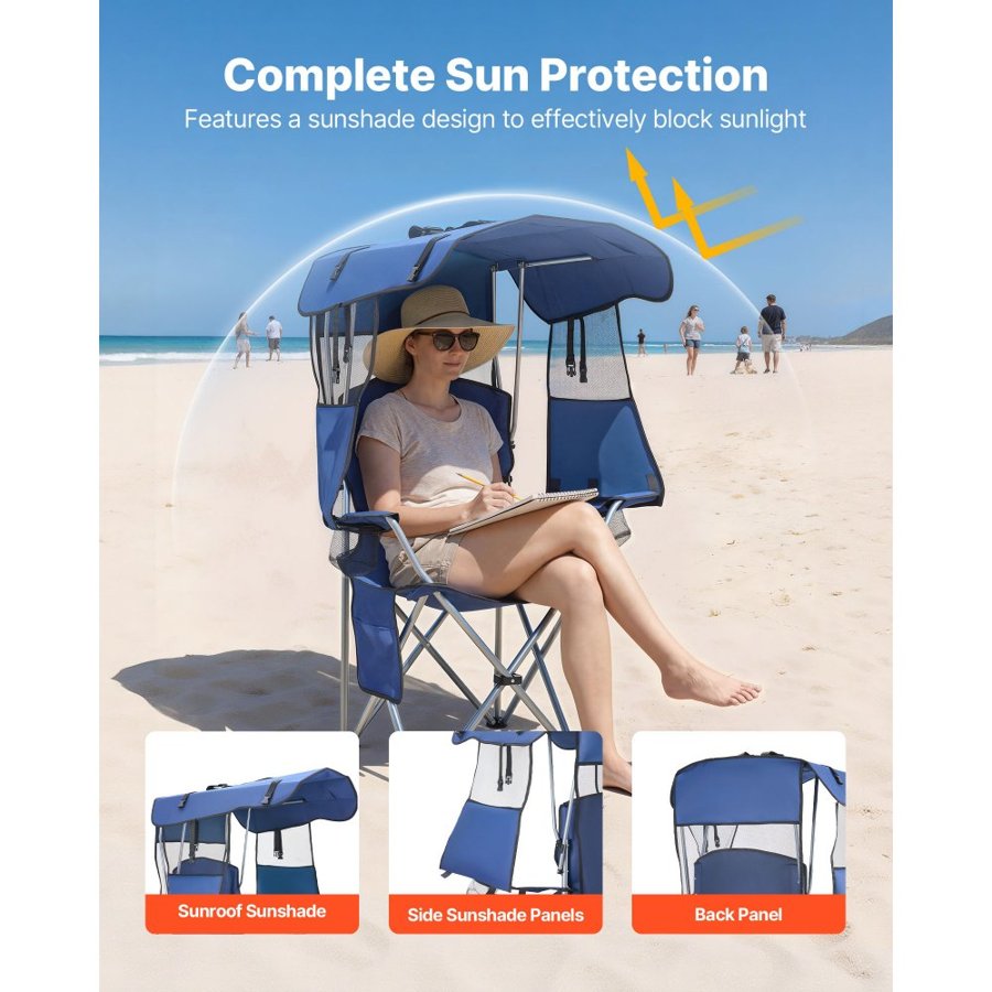 VEVOR Camping Chair with Canopy Shade, Folding Beach Chair with Canopy & Magazine Pocket, 2 Cup Holders, 330 lbs Heavy Duty Support, Carry Bags for Outdoor, Camp, Fishing, Tailgates, Deep Blue