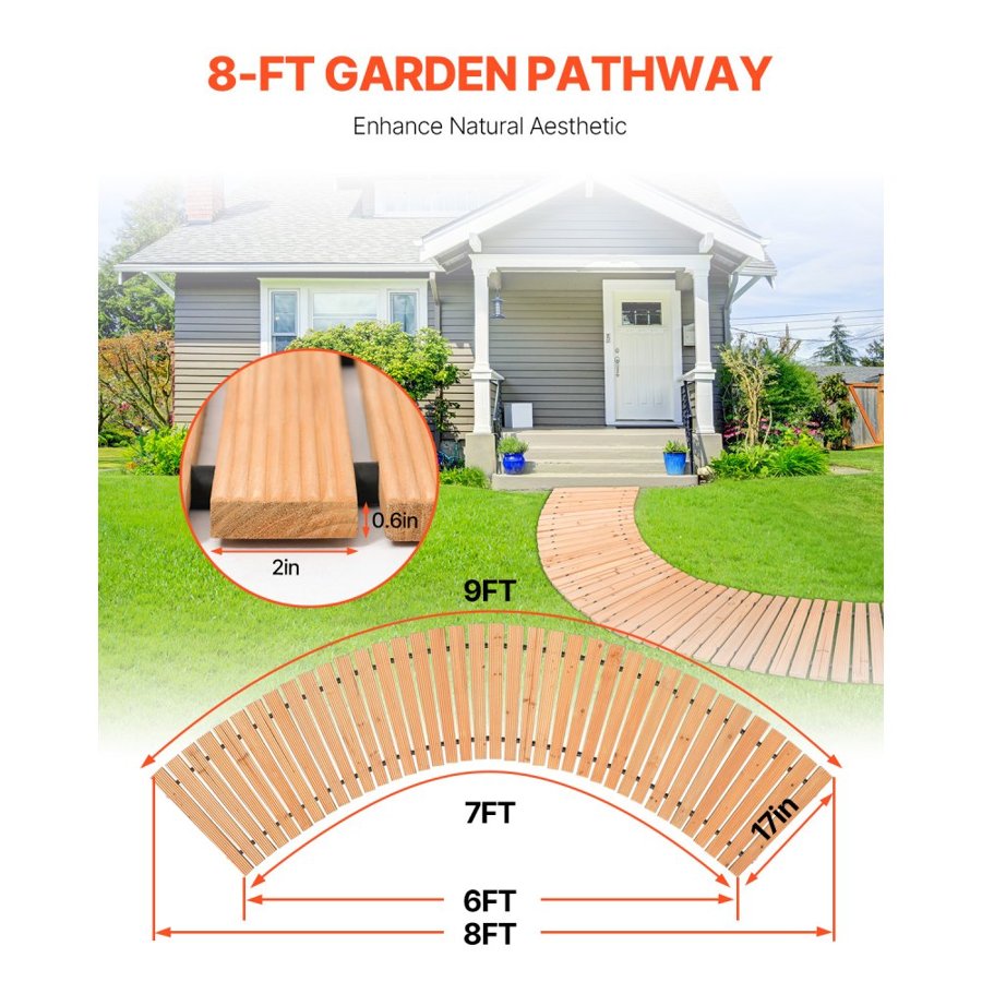 VEVOR Wooden Garden Pathway, 8 ft x 17 in, Non-Slip Curved Garden Walkway, Roll Out Cedar Outdoor Walkway Path with Wire Rope Connection, Decorative Lawn Paver for Backyard Boardwalk Wedding Party