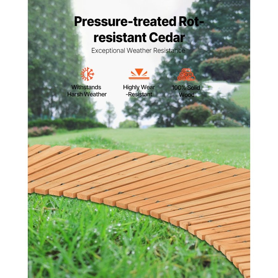 VEVOR Wooden Garden Pathway, 8 ft x 17 in, Non-Slip Curved Garden Walkway, Roll Out Cedar Outdoor Walkway Path with Wire Rope Connection, Decorative Lawn Paver for Backyard Boardwalk Wedding Party