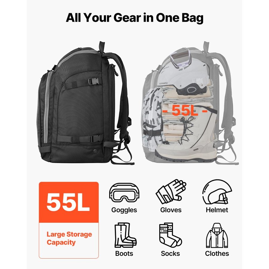 VEVOR Ski Boot Travel Bag – 55L Backpack, 1680D Waterproof