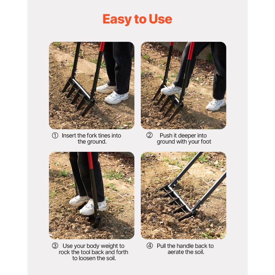 VEVOR Broad Fork, 5-Tine Pitchfork with Dual Fiberglass Handles, Heavy Duty Garden Fork , Ergonomic U-Shaped Design Broadfork Hand Tiller, Gardening Tool for Composting Transplanting Aeration