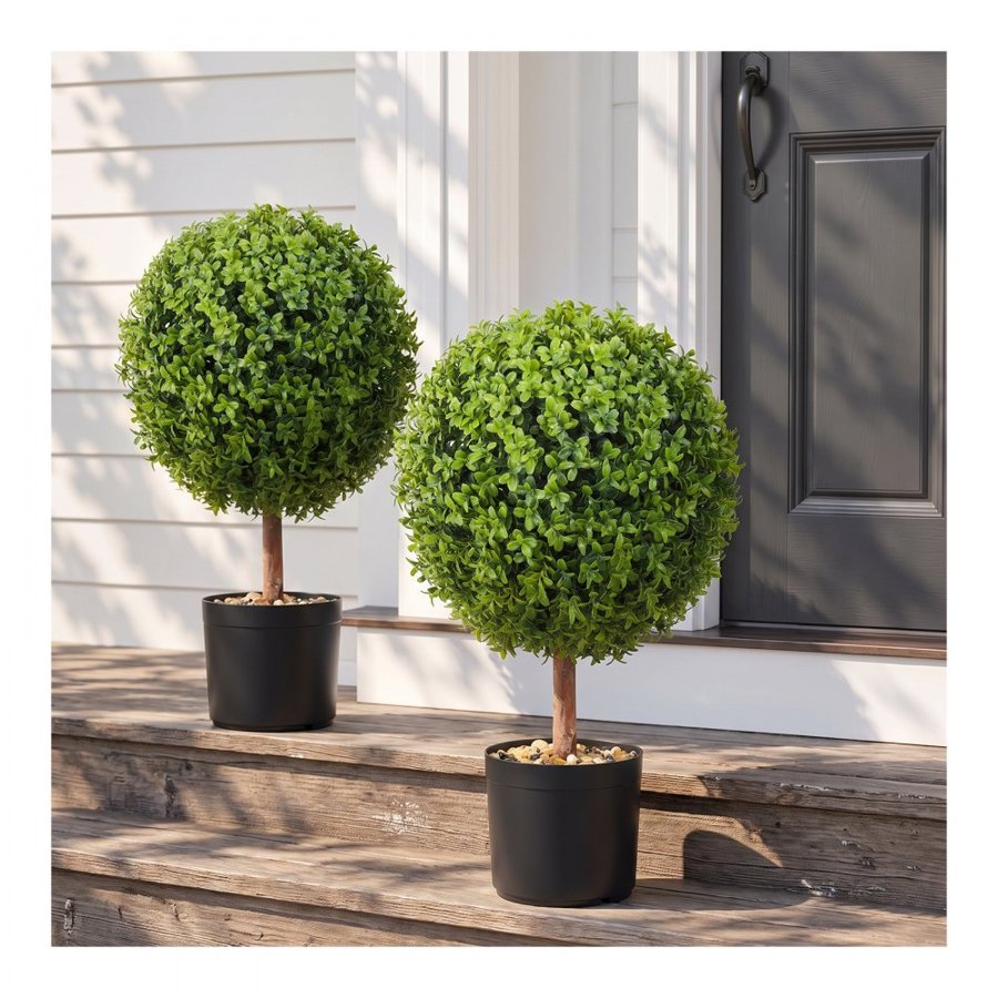 VEVOR Artificial Topiaries Boxwood Trees, 24 inch Tall (2 Pieces), Ball-Shape Faux Topiaries Plant with Planters, Green Feaux Plant w/ Replaceable Leaves & Port for Decorative Indoor/Outdoor/Garden