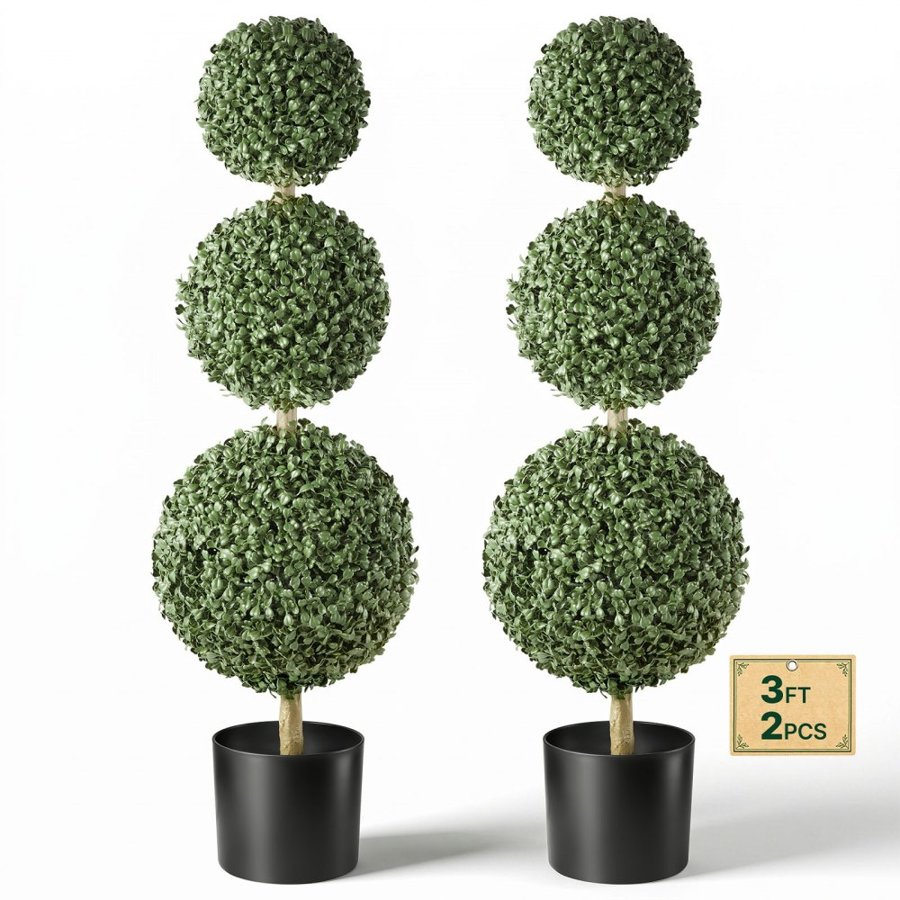 VEVOR Artificial Boxwood Topiary Triple Ball 914 mm Set of 2 Greenery Decor, Premium PE Fake Trees, Year-Round Indoor & Outdoor Faux Green Plant for Front Door, Entryway, Porch, Balcony, Patio, Garden