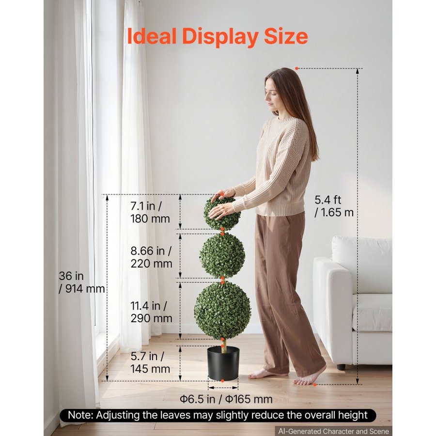 VEVOR Artificial Boxwood Topiary Triple Ball 914 mm Set of 2 Greenery Decor, Premium PE Fake Trees, Year-Round Indoor & Outdoor Faux Green Plant for Front Door, Entryway, Porch, Balcony, Patio, Garden