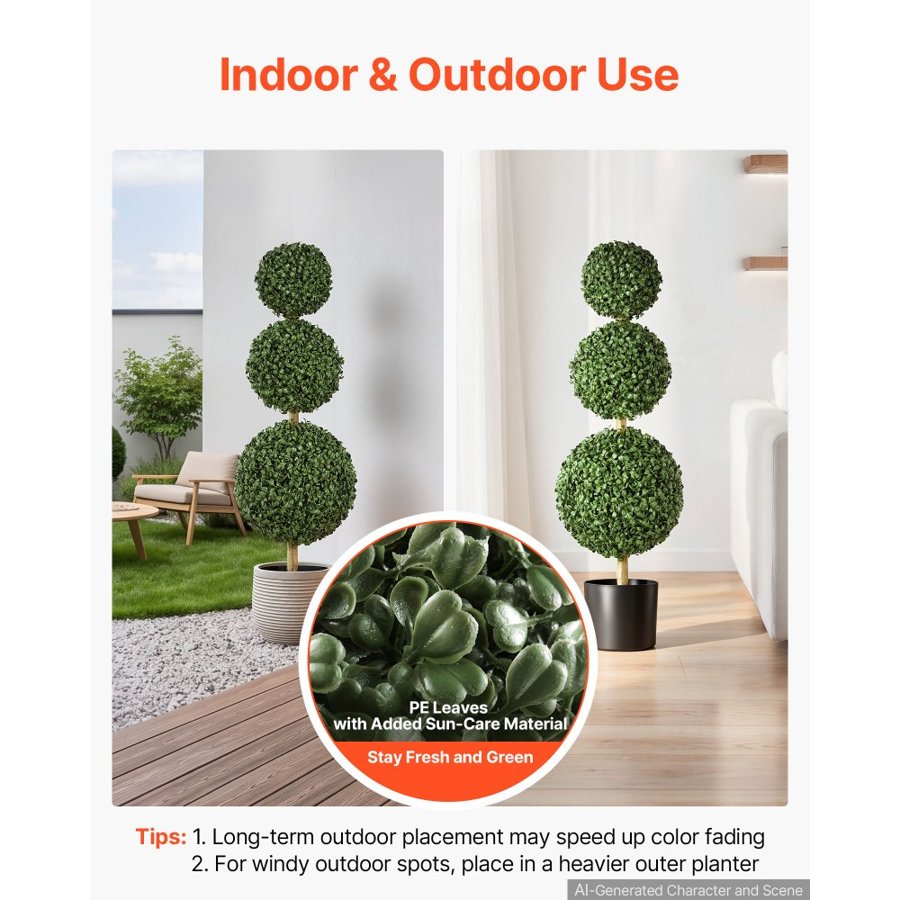 VEVOR Artificial Boxwood Topiary Triple Ball 914 mm Set of 2 Greenery Decor, Premium PE Fake Trees, Year-Round Indoor & Outdoor Faux Green Plant for Front Door, Entryway, Porch, Balcony, Patio, Garden