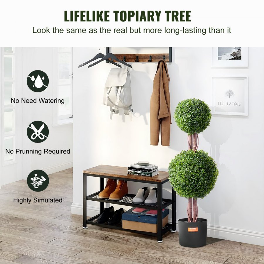 VEVOR Artificial Boxwood Topiary Tree, 36 inch Tall (2 Pieces), Double Ball Faux Topiary Trees, Faux Plant w/ Extra Leaves & Pot & Small Decoration, UV Rated Set for Home Decor Indoor/Outdoor