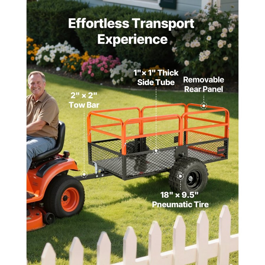 VEVOR Garden Utility Trailer, 28 Cu. Ft. & 800kg, ATV UTV Trailer, Tow Behind Steel Dump Trailers, Removable Rear Panel, Heavy Duty Pull Behind Yard Trailers for Lawn Mower Tractor Garden Waste