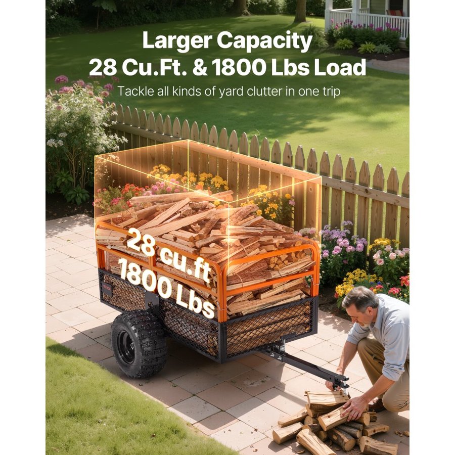 VEVOR Garden Utility Trailer, 28 Cu. Ft. & 800kg, ATV UTV Trailer, Tow Behind Steel Dump Trailers, Removable Rear Panel, Heavy Duty Pull Behind Yard Trailers for Lawn Mower Tractor Garden Waste