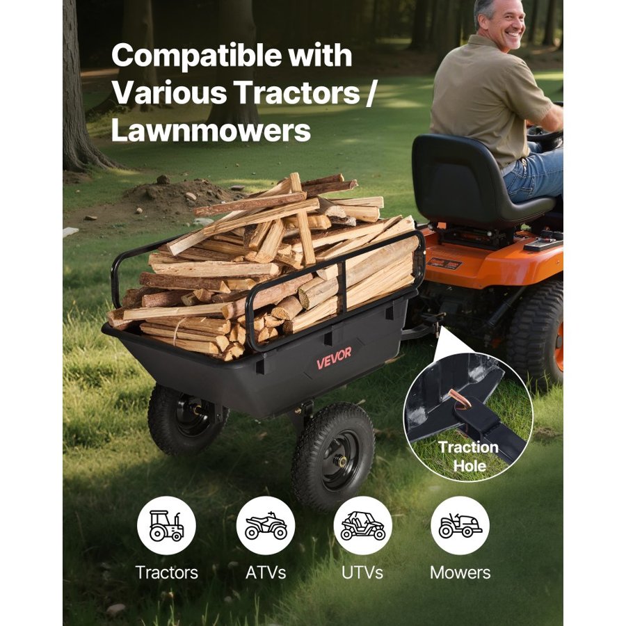 VEVOR Garden Utility Trailer, 10 Cu. Ft 227 kg, ATV UTV Hauling Trailer, Tow Behind Poly Dump Cart with 16" Tires, Hand Pull or Foot Pedal, Heavy Duty Yard Trailers for Lawn Mower Tractor Garden Waste