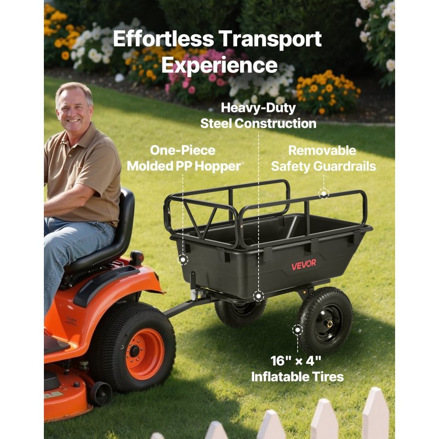 VEVOR Garden Utility Trailer, 10 Cu. Ft 227 kg, ATV UTV Hauling Trailer, Tow Behind Poly Dump Cart with 16" Tires, Hand Pull or Foot Pedal, Heavy Duty Yard Trailers for Lawn Mower Tractor Garden Waste