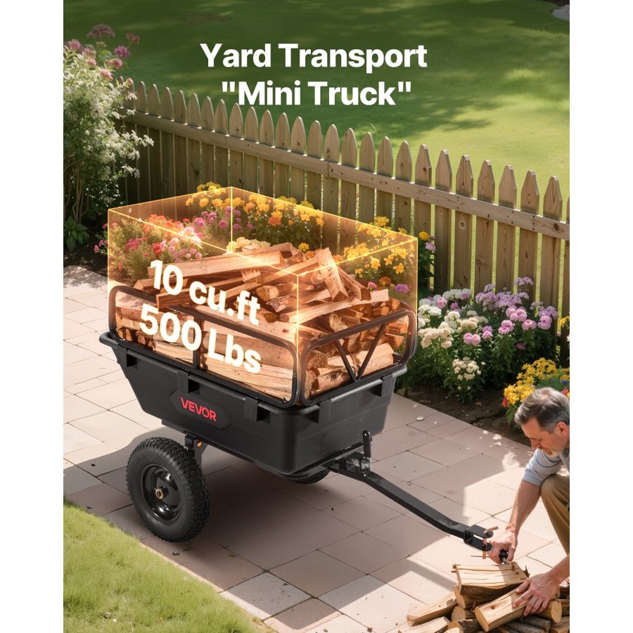 VEVOR Garden Utility Trailer, 10 Cu. Ft 227 kg, ATV UTV Hauling Trailer, Tow Behind Poly Dump Cart with 16" Tires, Hand Pull or Foot Pedal, Heavy Duty Yard Trailers for Lawn Mower Tractor Garden Waste