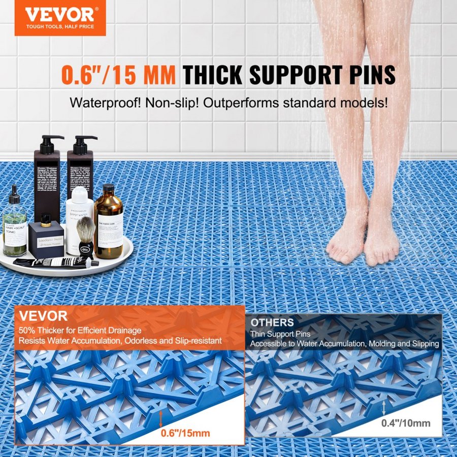 VEVOR Modular Interlocking Cushion, 50 Pack 30 x 30 cm Splicing Drainage Mats, Soft PVC Interlocking Drainage Floor Tiles, Non-Slip Drainage Holes for Restroom, Bathroom, Kitchen, Pool, Wet Area, Blue