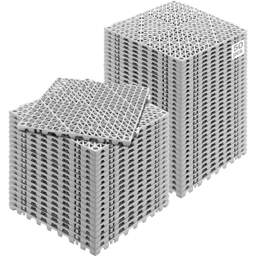 VEVOR Modular Interlocking Cushion, 50 Pack 30 x 30 cm Splicing Drainage Mats, Soft PVC Interlocking Drainage Floor Tiles, Non-Slip Drainage Holes for Restroom, Bathroom, Kitchen, Pool, Wet Area, Gray