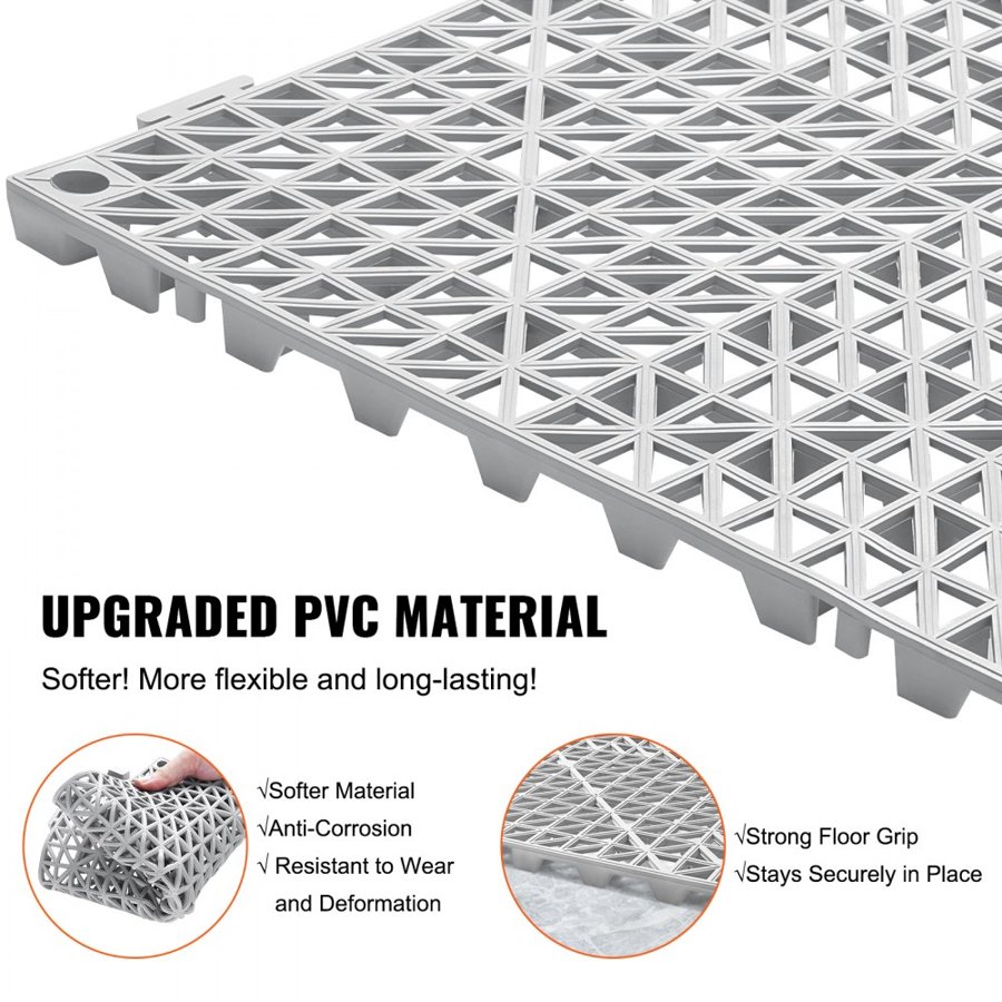 VEVOR Modular Interlocking Cushion, 50 Pack 30 x 30 cm Splicing Drainage Mats, Soft PVC Interlocking Drainage Floor Tiles, Non-Slip Drainage Holes for Restroom, Bathroom, Kitchen, Pool, Wet Area, Gray
