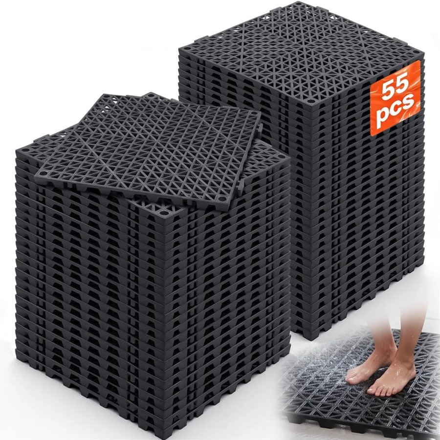 VEVOR Modular Interlocking Cushion, 55 Pack 30 x 30 cm Splicing Drainage Mats, Soft PVC Interlocking Drainage Floor Tiles, Non-Slip Drainage Holes for Restroom, Bathroom, Kitchen, Pool, Wet, Black