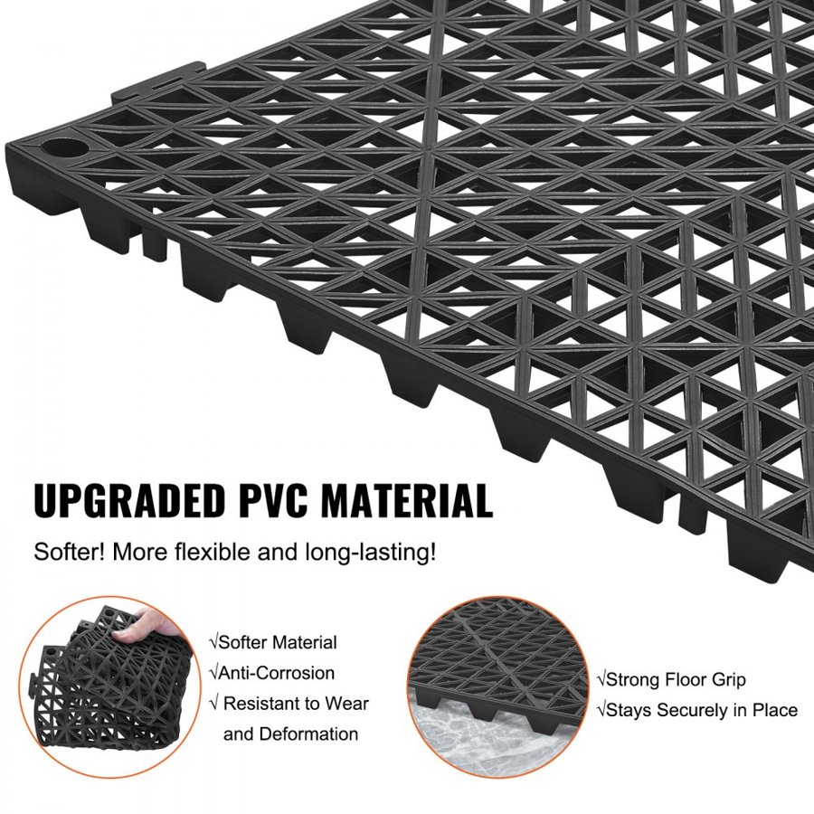 VEVOR Modular Interlocking Cushion, 55 Pack 30 x 30 cm Splicing Drainage Mats, Soft PVC Interlocking Drainage Floor Tiles, Non-Slip Drainage Holes for Restroom, Bathroom, Kitchen, Pool, Wet, Black