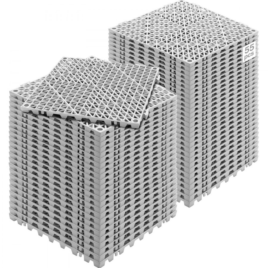 VEVOR Modular Interlocking Cushion, 55 Pack 30 x 30 cm Splicing Drainage Mats, Soft PVC Interlocking Drainage Floor Tiles, Non-Slip Drainage Holes for Restroom, Bathroom, Kitchen, Pool, Wet Area, Gray