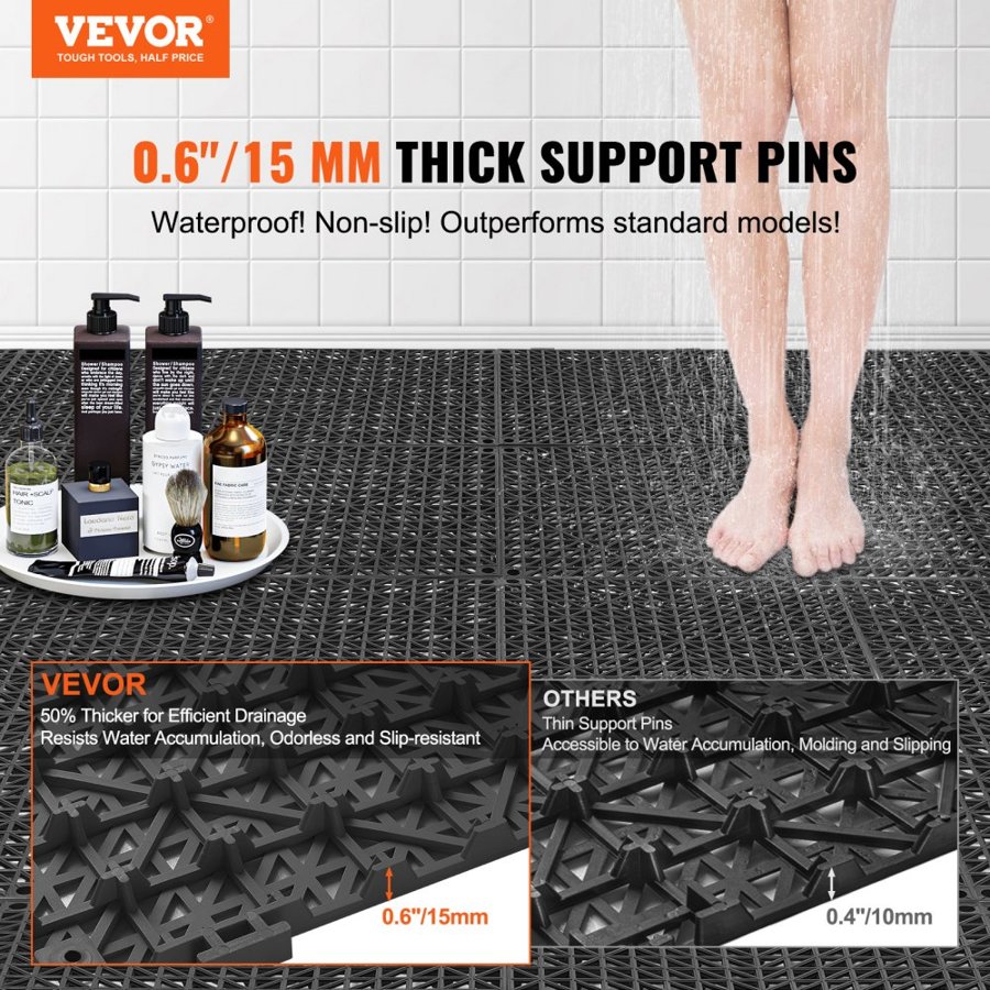 VEVOR Interlocking Drainage Floor Mat 30.5 x 30.5 cm PVC Non-Slip Floor Tiles 12 Pack