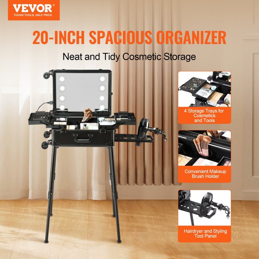 VEVOR Makeup Train Case with Lock, Lighted Mirror, 4 Storage Trays, Brush Holder, Travel Cosmetic Organizer Box w/ Swivel Wheels, Professional Artist Trolley Studio Free Standing Case