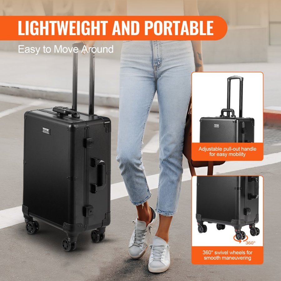 VEVOR Makeup Train Case with Lock, Lighted Mirror, 4 Storage Trays, Brush Holder, Travel Cosmetic Organizer Box w/ Swivel Wheels, Professional Artist Trolley Studio Free Standing Case