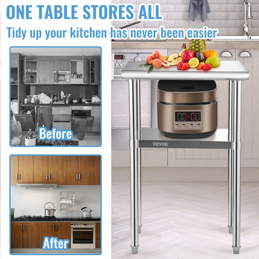 VEVOR Stainless Steel Prep Table, 61 x 46 x 91 cm, 272 kg Load Capacity Heavy Duty Metal Worktable with Adjustable Undershelf & Feet, Commercial Workstation for Kitchen Restaurant Garage Backyard