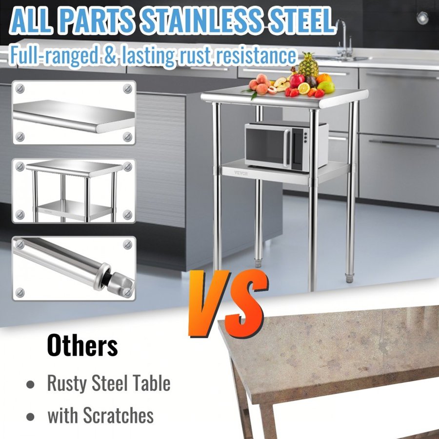 VEVOR Stainless Steel Prep Table, 61 x 46 x 91 cm, 272 kg Load Capacity Heavy Duty Metal Worktable with Adjustable Undershelf & Feet, Commercial Workstation for Kitchen Restaurant Garage Backyard