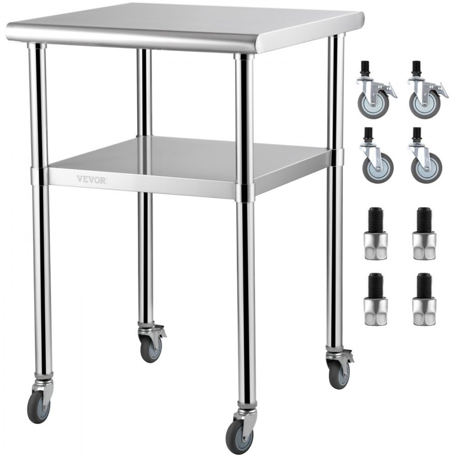 VEVOR Stainless Steel Prep Table, 61 x 61 x 91 cm, 272 kg Load Capacity Heavy Duty Metal Worktable with Adjustable Undershelf & Universal Wheels, Commercial Workstation for Kitchen Garage Backyard