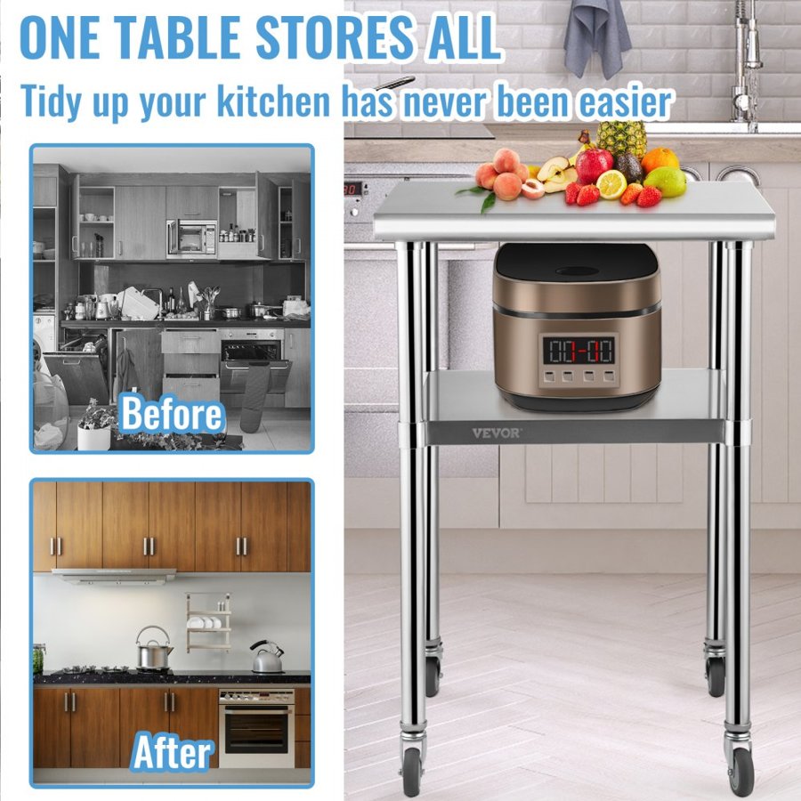 VEVOR Stainless Steel Prep Table, 61 x 61 x 91 cm, 272 kg Load Capacity Heavy Duty Metal Worktable with Adjustable Undershelf & Universal Wheels, Commercial Workstation for Kitchen Garage Backyard