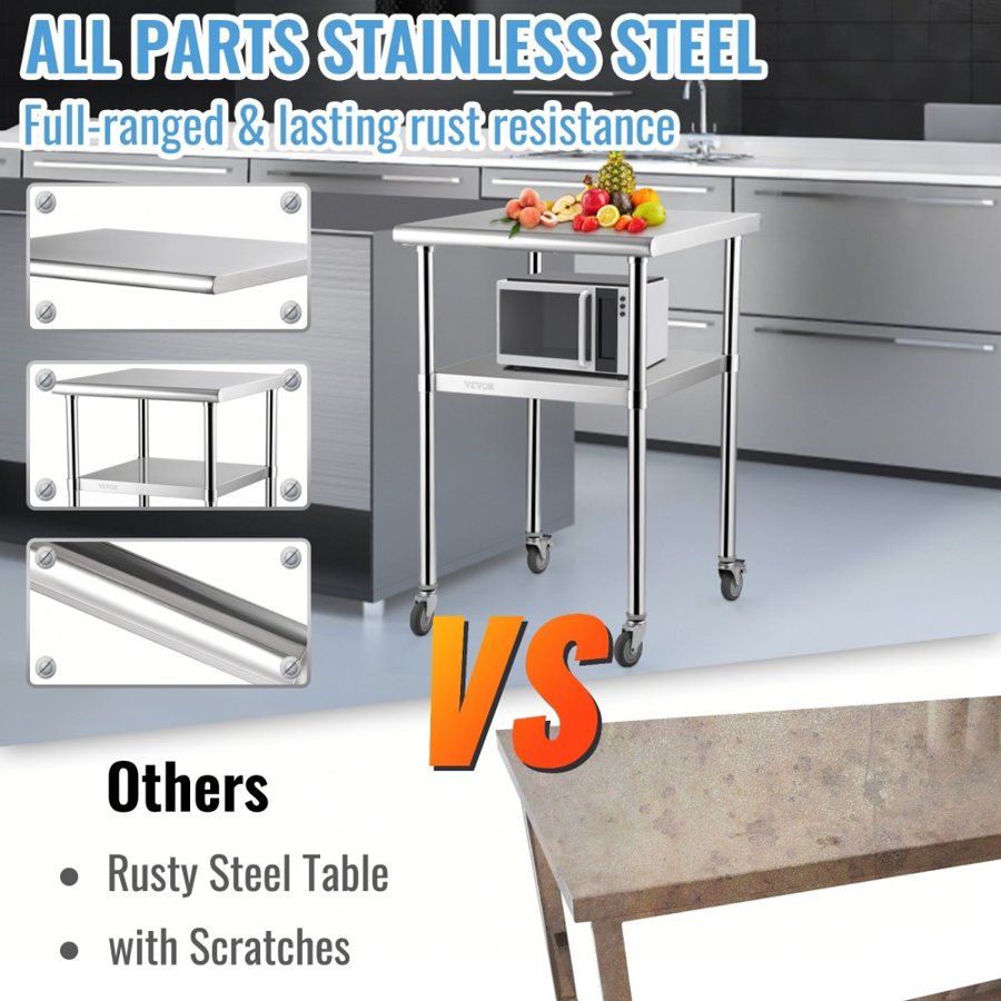 VEVOR Stainless Steel Prep Table, 61 x 61 x 91 cm, 272 kg Load Capacity Heavy Duty Metal Worktable with Adjustable Undershelf & Universal Wheels, Commercial Workstation for Kitchen Garage Backyard