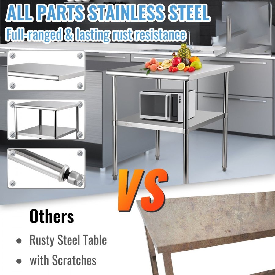 VEVOR Stainless Steel Prep Table, 30 x 30 x 36 Inch, 800lbs Load Capacity Heavy Duty Metal Worktable with Adjustable Undershelf & Feet, Commercial Workstation for Kitchen Garage Restaurant Backyard