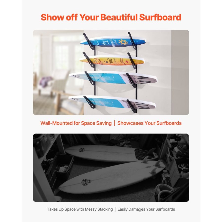 VEVOR Surfboard Wall Mount Rack – 4 Tiers, 25 & 100 LBS