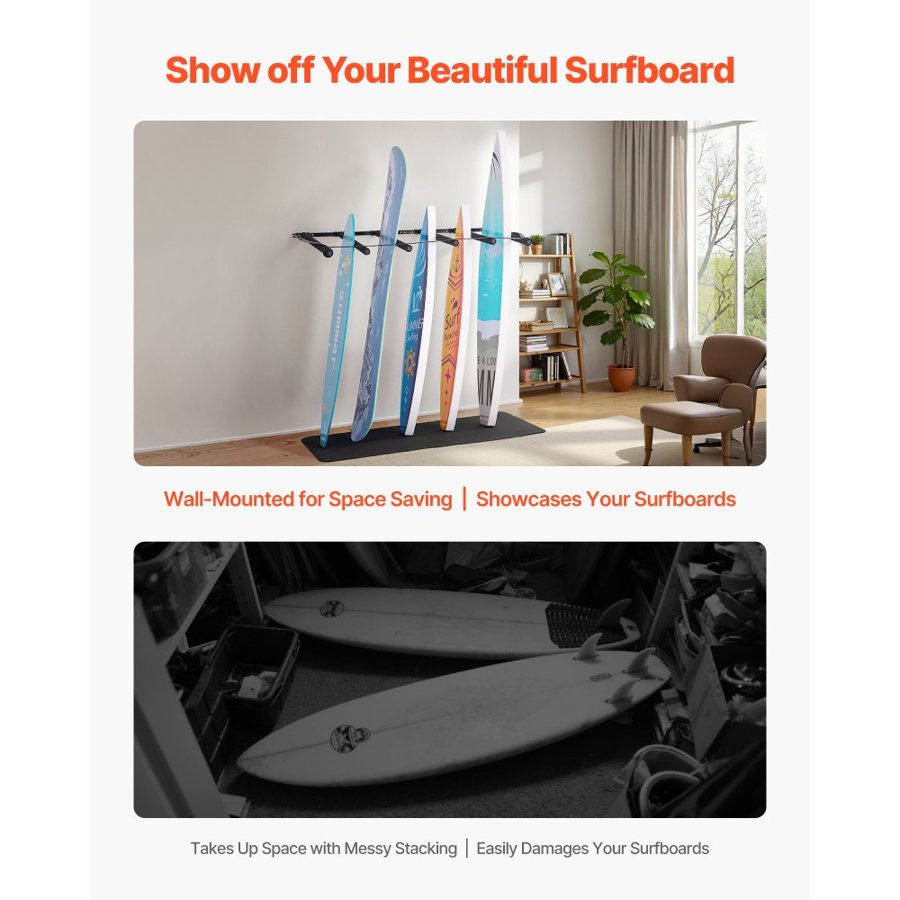 VEVOR Wall Mounted Surfboard Rack – 5 Tiers, 7.6 ft Rope